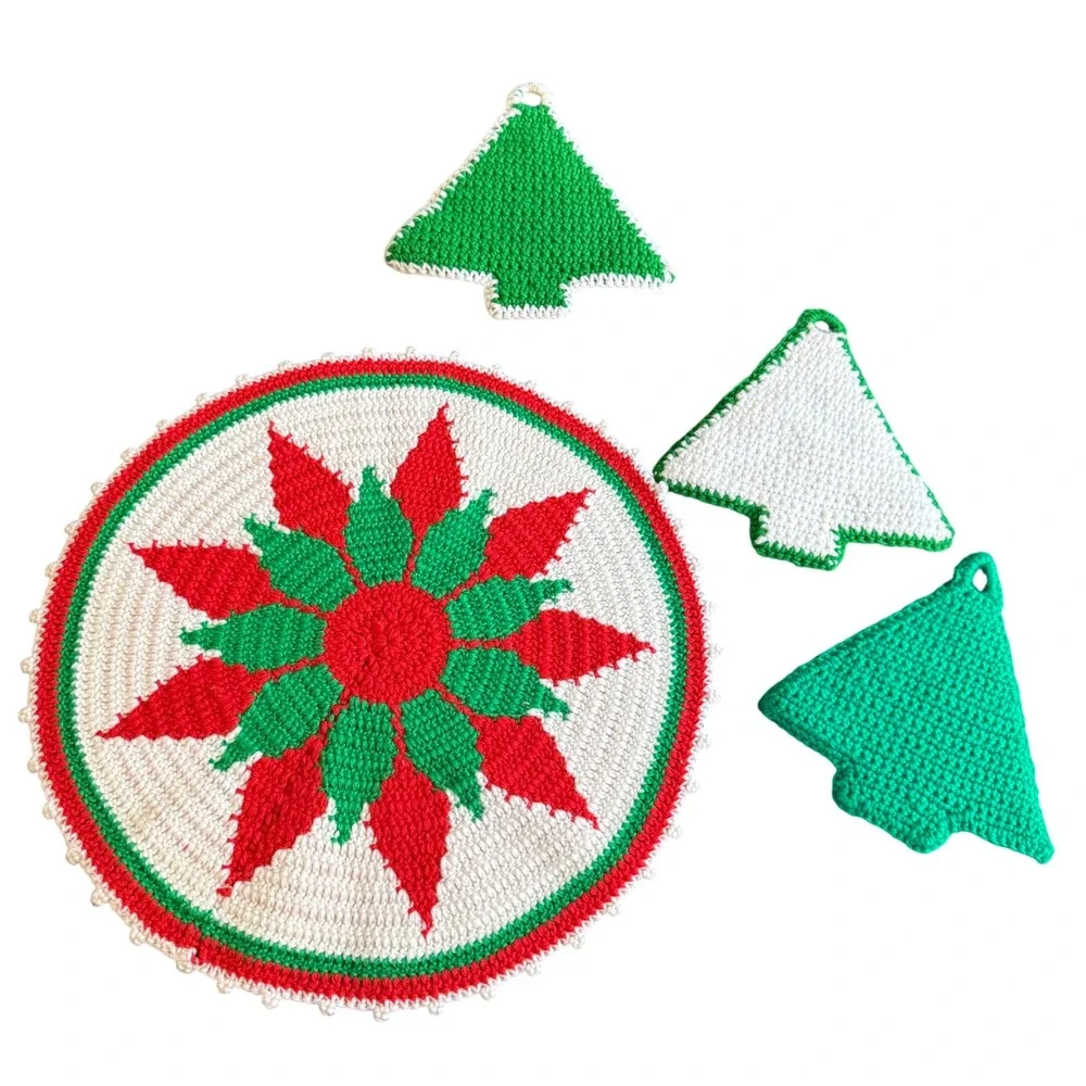 Vintage Crochet‎ Christmas Tree Trivet Pot Holder Set Handmade Holiday Kitchen